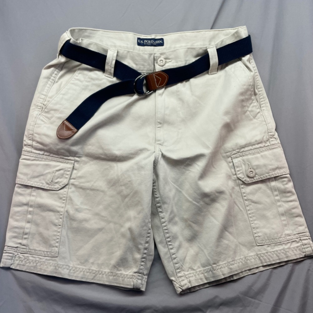 US Polo Assn Mens Cargo Shorts Khaki Tan Size 36 With Navy‎ Blue Canvas Belt